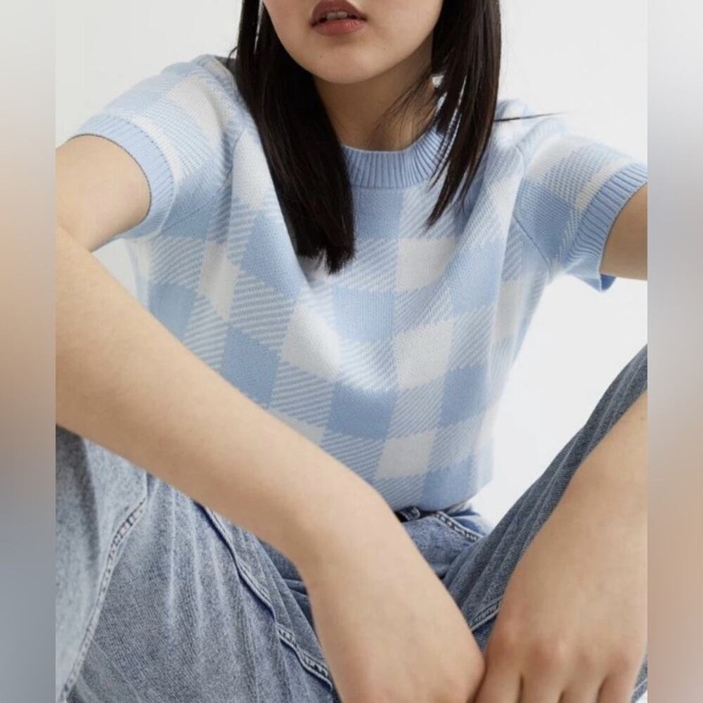 H&M Cropped Plaid Short Sleeve Knit Sweater Top Sz M - Picture 14 of 16